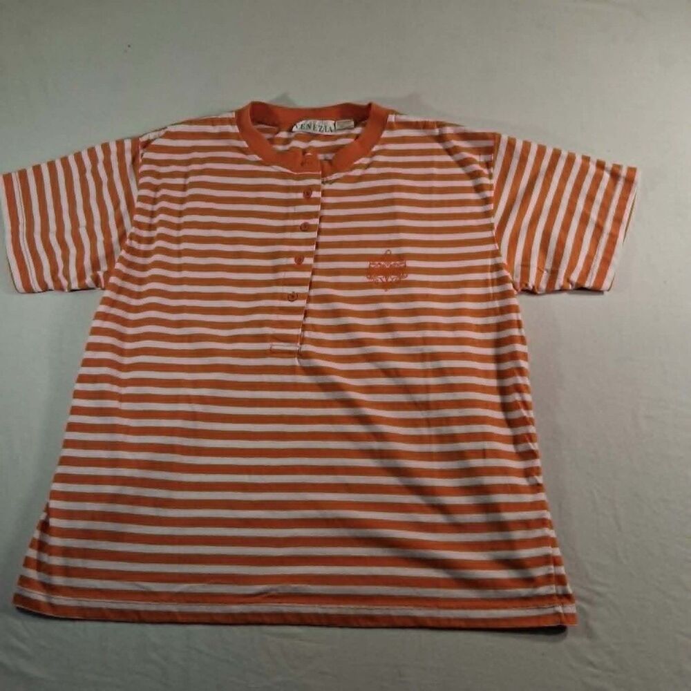 Vintage Venezia Womens Henley Shirt XL Orange White Striped Embroidered Top